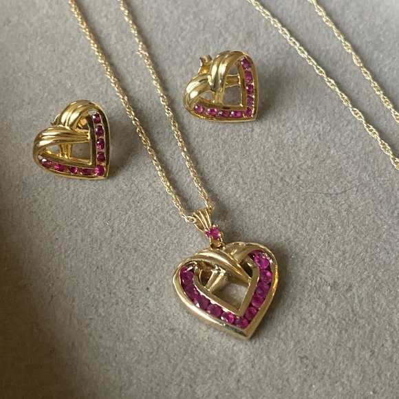Classic Gold Over Sterling Ruby Heart jewelry set - Picture 3 of 11